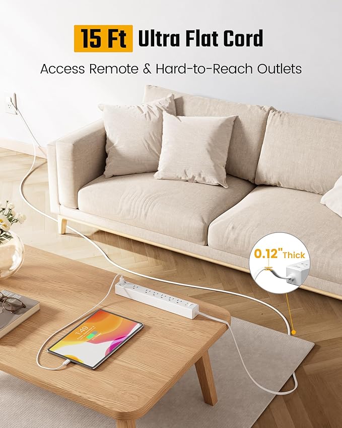 15Ft Long Extension Cord, SUPERDANNY Surge Protector Power Strip with 6 Outlets & 3 USB Ports, Flat Plug Power Strip Wall Mountable, Desk Charging Station for Home Office, College Dorm Room Essentials