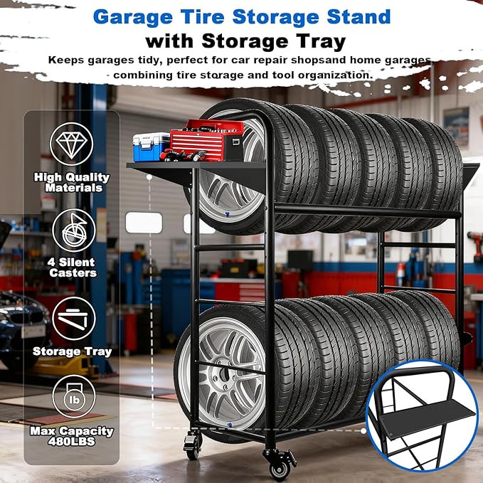 Tire Rack, 59 x 57 x 20 Inches Garage Tire Storage Stand with Storage Tray 218KG/480LBS Capacity, 2 Storage Shelf & 4 Swivel Casters Rolling Tire Storage Rack, Black