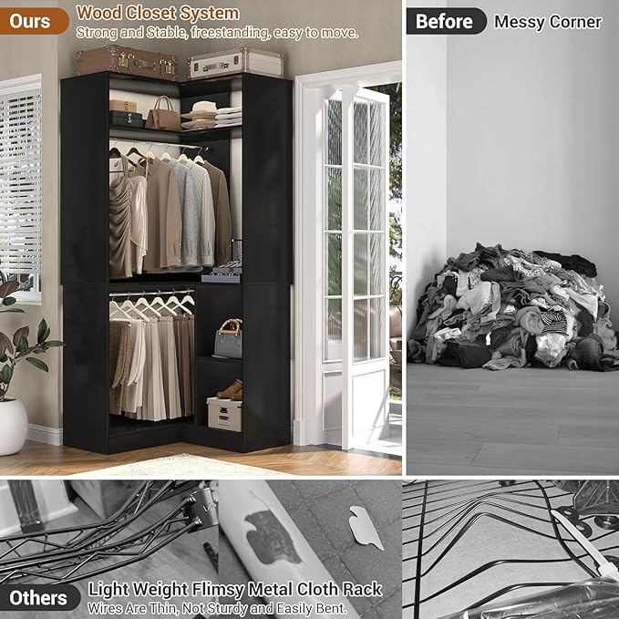 Aheaplus Corner Closet System with Shelves, Closet Organizer System with Hanging Rods, Wood Walk-in Closets for Corner Small Space, L Shaped Garment Rack, -B3, Black