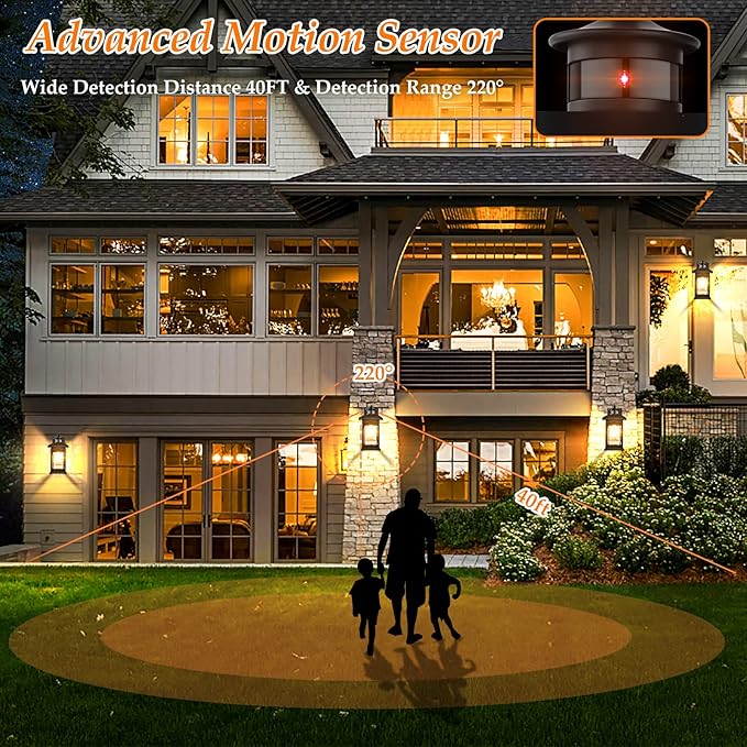 Motion Sensor Outdoor Wall Lantern, Updated Dusk to Dawn Outdoor Lighting, Exterior Light Fixtures, Black Porch Lights & Outside Wall Sconces with Water Rippled Glass for Patio Garage Entryway House