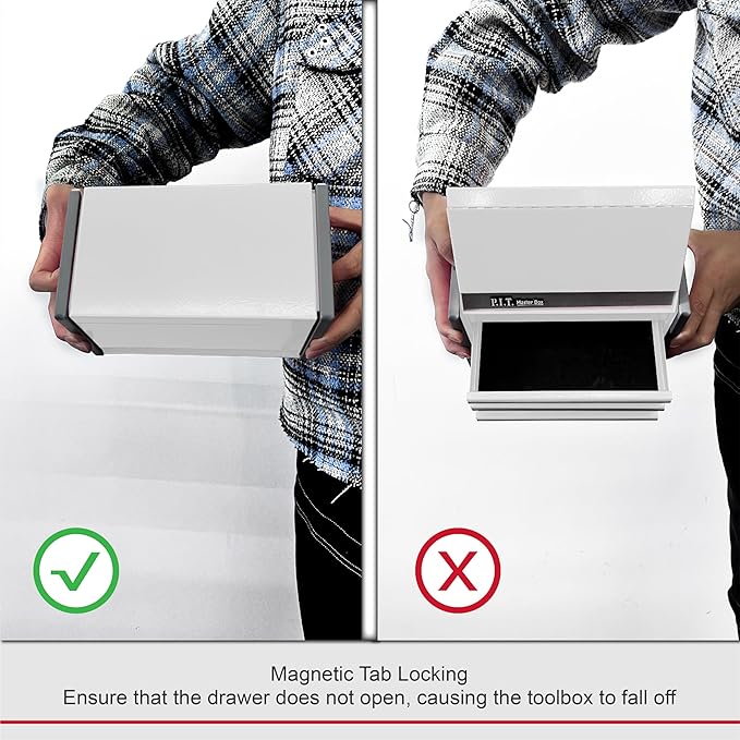 P.I.T. Mini White Tool Box, Portable 3 Drawer Steel Stackable Tool Box with Magnetic Tab Locking, White Micro Top Chest with Liner for Tools Storage and Organizers, Home DIY