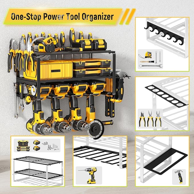 Power Tool Organizer Wall Mount - 200Lbs Load 3 Layers Storage Rack with 4 Drill Holders for Drills Cordless Tools. Heavy Duty Iron Garage Tool Organizer Storage for Workshop Shed Pegboard Basement