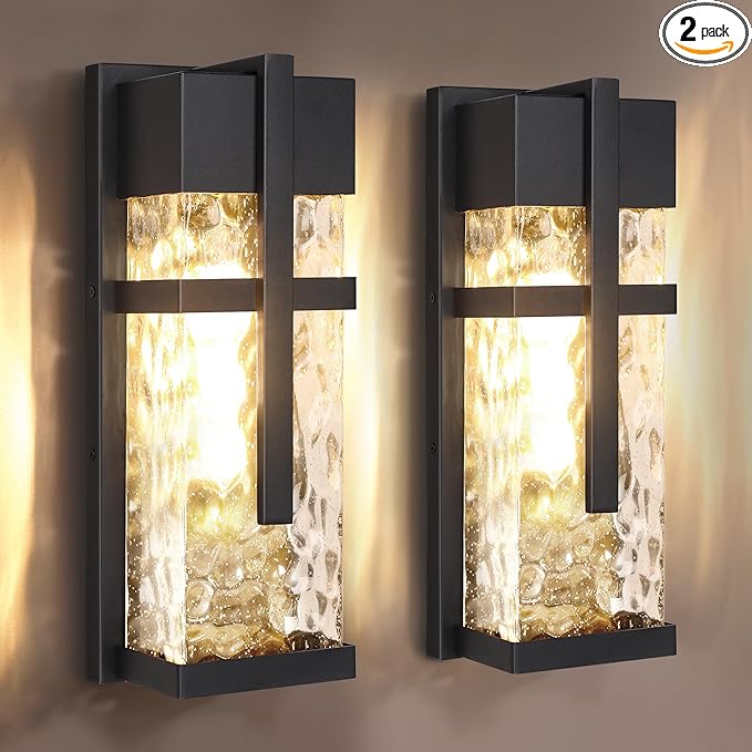 Hammered Glass Wall Lamp, Outdoor Light Fixtures, Exterior Wall Lantern for Porch with Waterproof, 2 Pack Wall Sconce Lighting, Wall Mount Light, Porch Light for Garage, Doorway, Patio(Bulb Included)