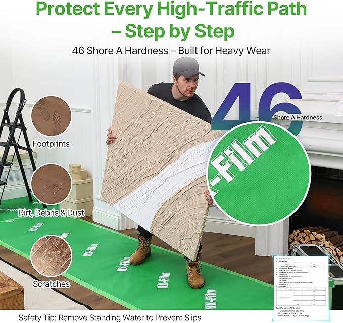 39" x 50' Heavy-Duty Floor Protection | Construction Grade Carpet Protector | Drop Cloth Plastic Film for Hardwood Floors | Waterproof Painters Covering with No Residue (Green)