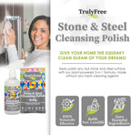 Truly Free Stone & Steel Cleansing Polish Starter Kit - Quartz, Marble, Granite, Stone Countertop, Oven, Stainless Steel Cleaner - 16oz Spray Bottle, 2 Refills (4oz) No Harmful Ingredients