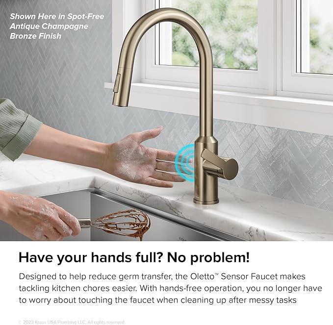 Kraus Oletto Kitchen Faucets Touchless Sensor Single Handle Pull-Down Sprayer in Brushed Brass, KSF-2830BB