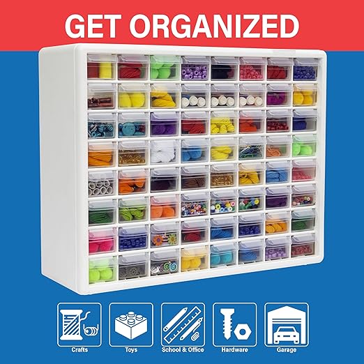 Akro-Mils 64-Drawer Plastic Drawer Storage Cabinet for Garage Organization, Bead Organizer, Building Bricks Storage, Teacher Toolbox, Makeup Organizer, 20" W x 6" D x 16" H, 10164 White