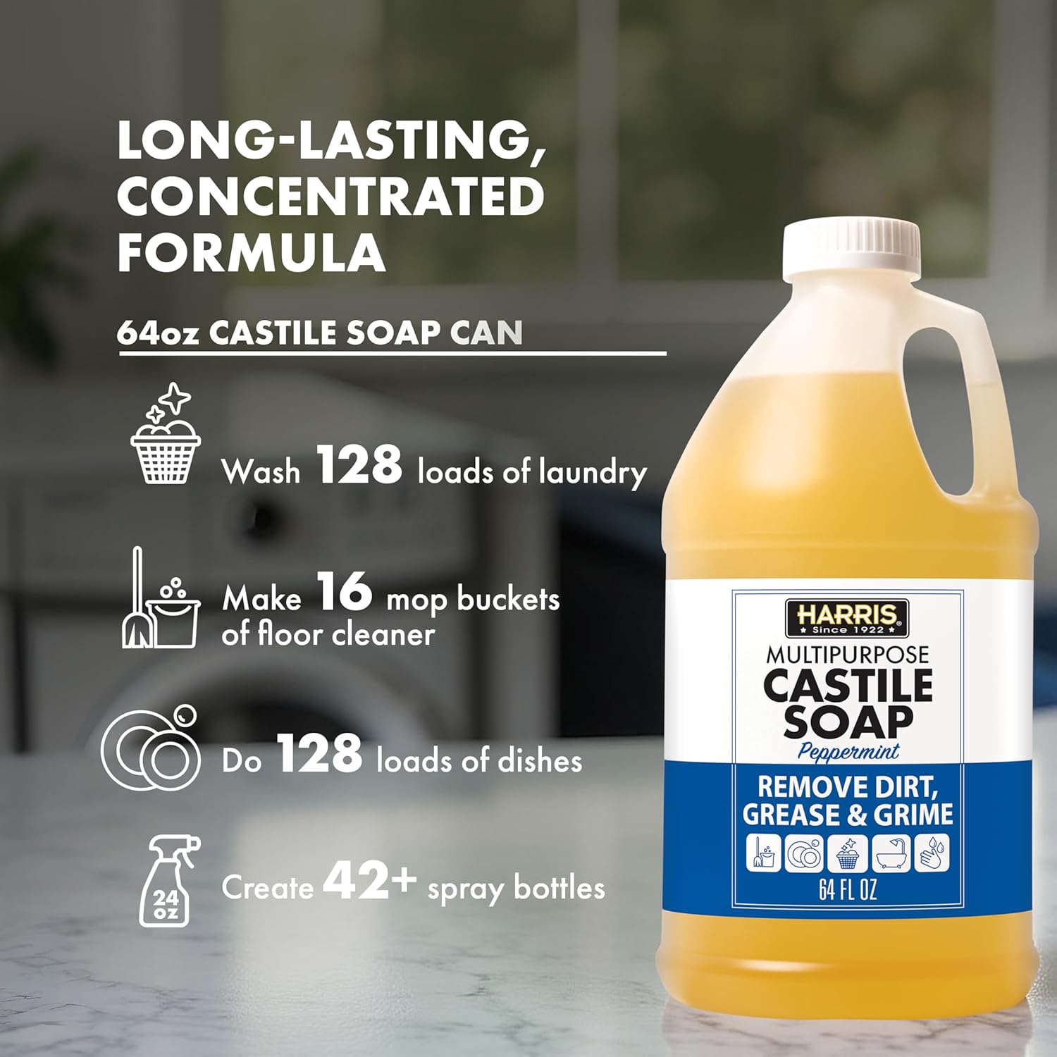 HARRIS Multi-Purpose Pure Liquid Castile Soap for Home Cleaning, Multi-Purpose Cleaner, For Dish Soap, Laundry Detergent, Kitchen and Bathroom Surfaces, Kids Rooms, Scented with Peppermint Oil, 64 Oz