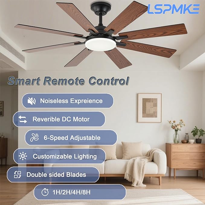 52 Inch Ceiling Fans with Lights, Brown Ceiling Fan with Light and Remote Control, Reversible DC Motor, 3CCT, Dimmable, Timer, Noiseless, Ceiling Fan for Bedroom Living Room, Indoor/Outdoor Use