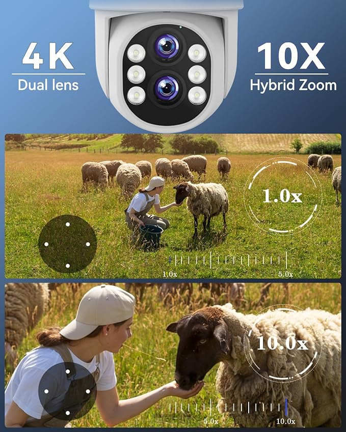 [Dual Lens WiFi6 & 10X Hybrid Zoom] Wireless Security Camera System Outdoor, Auto Tracking 2K+2K 4PCS PTZ Camera for Home Security 10CH Expandable 4K DVR CCTV Security Camera System