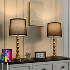 Gold Table Lamp 24" Nightstand Lamps Set of 2 Bamboo Shape Base Metal Desk Lamps with Linen Black Shade Modern Bedside Nightlight with USB A+C Ports Rustic Table Lamp for Farmhouse Dining Room