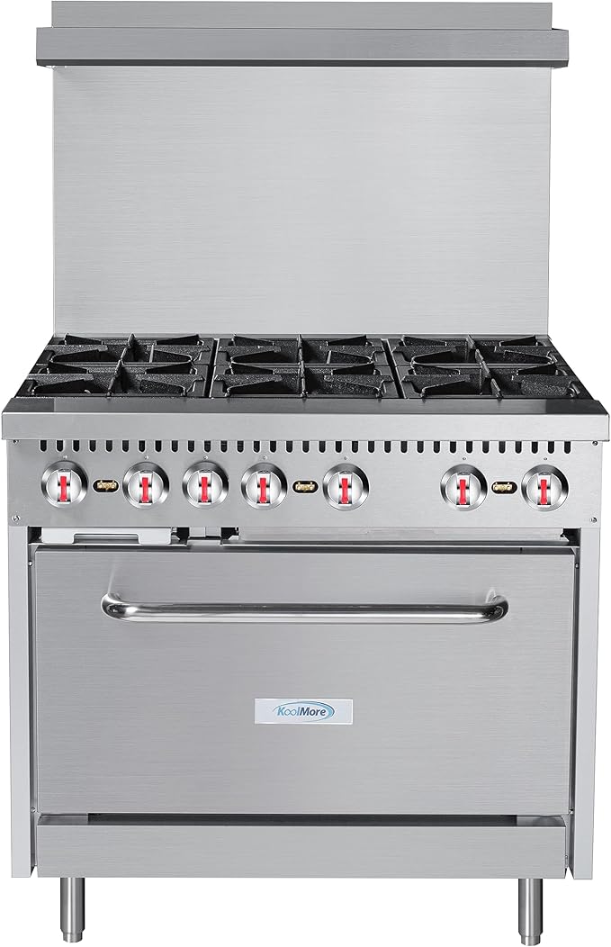 KoolMore KM-CR36-NG 36 in. 6 Burner Commercial Natural Gas Range with Oven, Solid Black