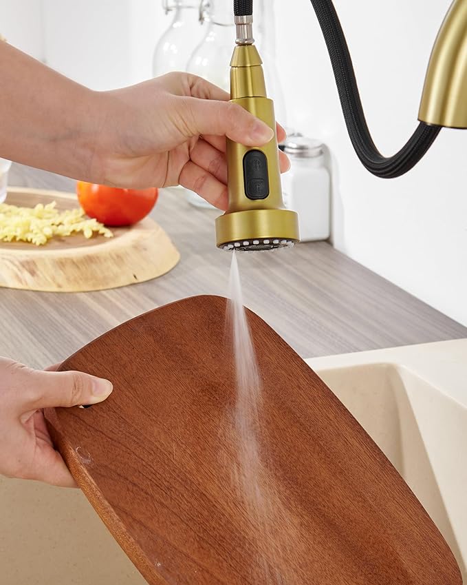 J-HVA Pull Down Kitchen Faucet Sprayer Head Replacement Part, 3 Function Pull Out Sink Sprayer Replacement Nozzle with 15 Adapters, Kitchen Faucet Head Hose Spray Tap Spout, Brushed Gold