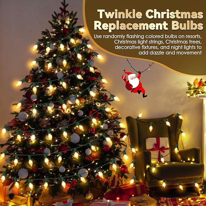 25 Pack Twinkle Christmas Replacement Bulbs, 7W Random Blinking Light Bulbs for Christmas String Light, Nightlights(Clear Twinkle,C9,E17 Intermediate Base)