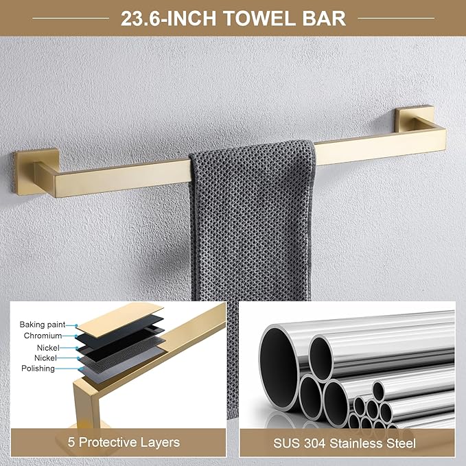 TQKAG 6-Piece Bathroom Towel Bar Sets Brushed Gold 23.6 inch Towel Bar Stainless Steel Towel Ring Coat Hook and Toilet Paper Holder Bathroom Hardware Set Wall Mounted Bathroom Accessories Kit