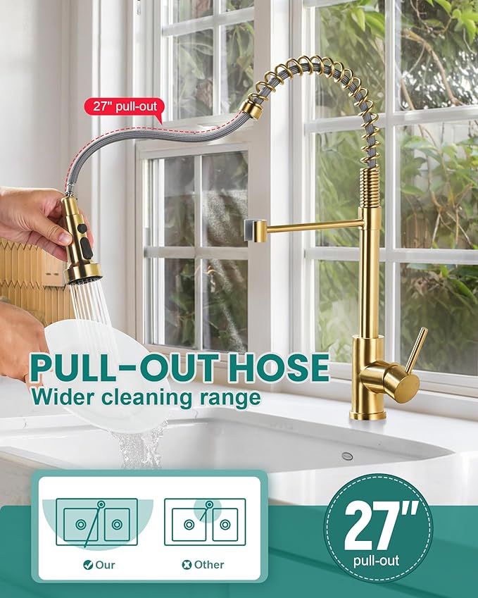 Kitchen Faucets with Pull Down Sprayer: Brushed Gold 3-Function Kitchen Sink Faucet for 1 or 3 Hole - Stainless Steel Single Handle Spring Kitchen Faucets with Deck Plate for Farmhouse RV Laundry