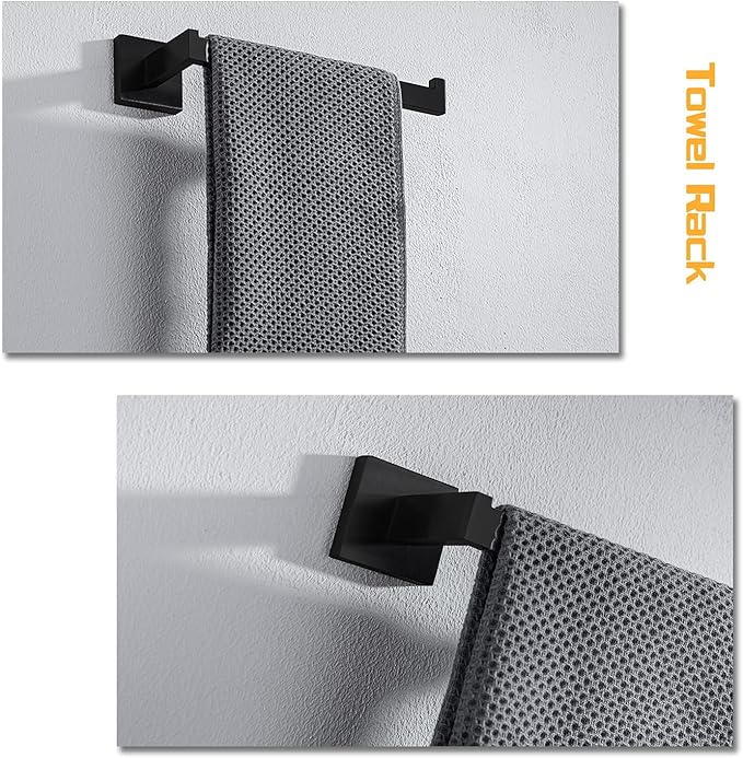 4-Piece Bathroom Hardware Set, Towel Rack Towel Bar Towel Holder Toilet Paper Holder Matte Black Towel Hooks Modern Square Stainless Steel Wall Mounted Bathroom Accessories Set (16inch)