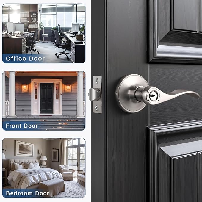 Knobonly 2 Pack Keyed Alike Bathroom/Bedroom Door Lock, Satin Nickel Front Door Handle, Exterior Door Handle, Same Key for Each Pack, Zinc Alloy
