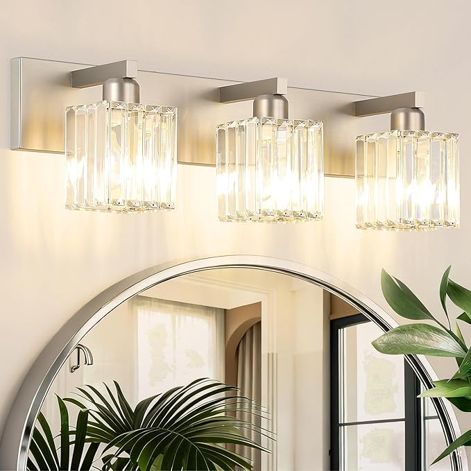 Aipsun Brushed Nickel Vanity Light Bathroom Lighting Fixtures 3 Light Crystal Modern Bathroom Vanity Light (Exclude Bulb)
