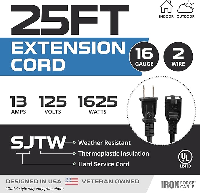 Iron Forge Cable 25 Ft Black Extension Cord, 16/2, 25 Foot Extension Cord with 2 Prong Polarized Plug, Weatherproof - Great for Outdoor & Indoor Use