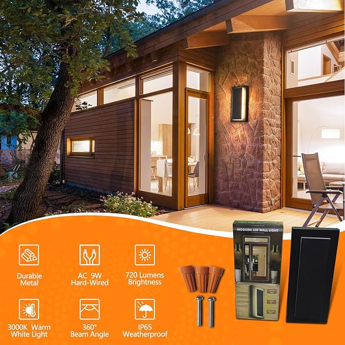 tewei 2 Pack Modern LED Outdoor Wall Lights, Black Exterior LED Wall Sconce Lighting Fixtures, Square Mini Indoor Wall Sconce, 360° Beam Angle, 3000K Warm White Outdoor Lights for House Porch