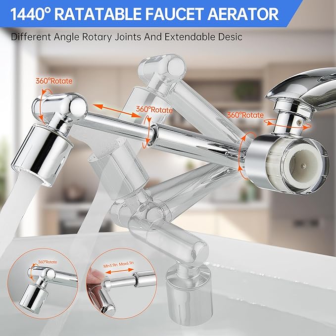 YYKBZ 1440° Rotating Sink Water Filter Faucet Extender Aerator, 2 Mode Swivel For Bathroom/Kitchen Skin Face Eye Wash,Brass Long Arm Extension For Toddlers,Multiple Adapters With 9pcs Filters
