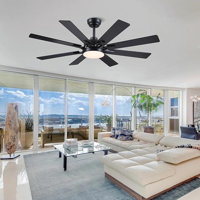 52 Inch Ceiling Fans with Lights and Remote/APP Control, Modern Ceiling Fan for Bedroom Living Room Patio Porch Indoor Outdoor, 6 Speeds, Reversible Quiet Motor, 8 Wood Blades, Black