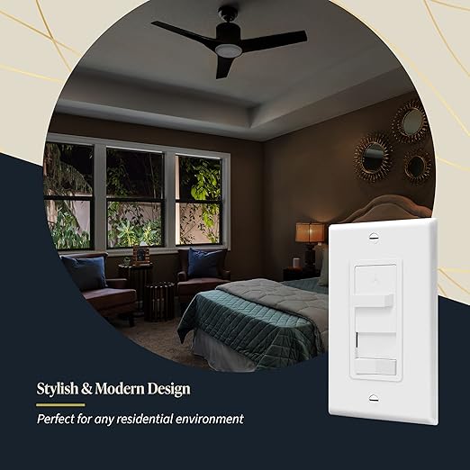 TOPGREENER Kalide Combo Light Switch with 3-Speed Fan Control, Light and Fan Combination Switch, Single Pole, 2.5A, 720W, Neutral Wire Not Required,Wall Plate Included, TGSFS3-W, White, 2 Pack