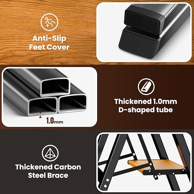 GameGem 2 Step Ladder, Aluminum Folding Step Stool with Anti-Slip Sturdy and Wide Pedal, Lightweight Portable Stepladder for Home and Kitchen Use Space Saving, 330 lbs, Black Woodgrain