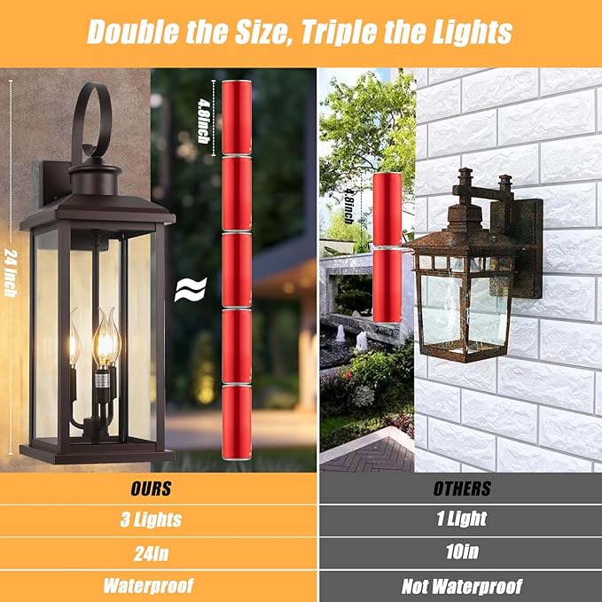 3-Light Large Outdoor Wall Light 2-Pack, 24" Bronze Modern Extra Exterior Lighting Fixture, Waterproof Porch Sconce Wall Mount, Outside Lamp for Front Door Farmhouse
