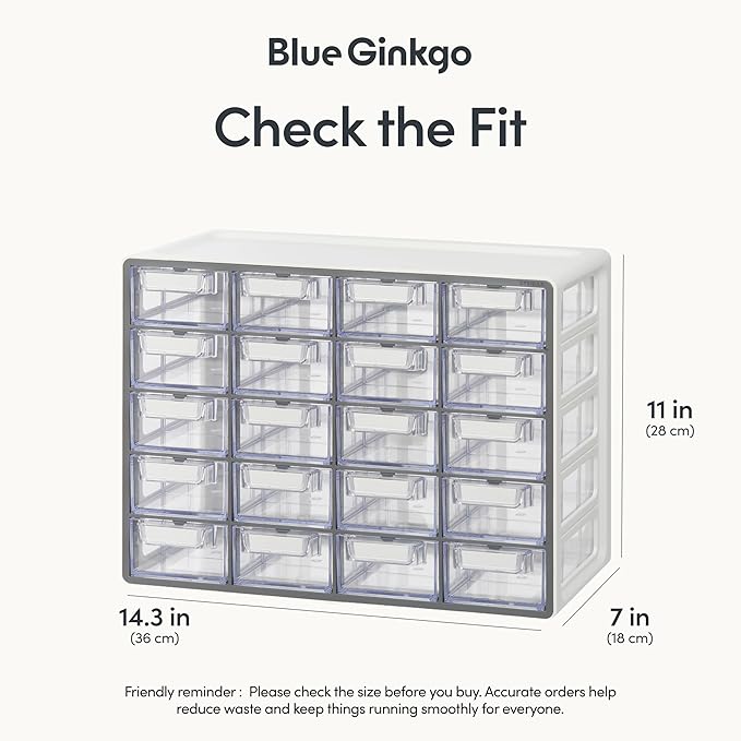 Blue Ginkgo Small 20-Drawer Cabinet – Stackable Clear Organizer for Hardware, Beads, Plastic Bricks, Office, and Craft Storage (Made in Korea, Gray)