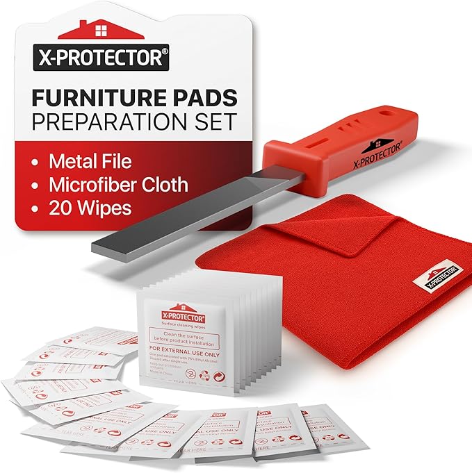 X-Protector Furniture Pads Preparation Set - Includes Metal File, Microfiber Cloth & 20 Cleaning Wipes - Furniture Surface Prep Kit for Easy Installation of Furniture Pads!