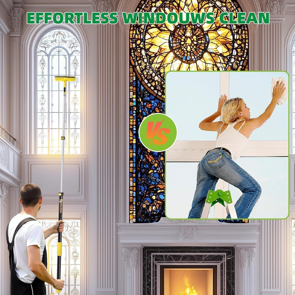 144'' Long Reach Window Squeegee with Telescoping Extension Pole,2 in 1 Shower Cleaning with Telescopic Pole,Extension Washing Tool with Rotatable Clean Head for Indoor/Outdoor High Window Glass