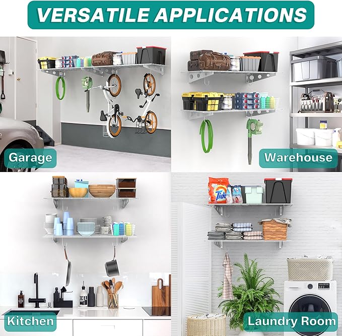 EVERHANGER Wall Mounted Garage Shelves, 2 x 4 ft Metal Storage Shelves, Heavy Duty Wall Shelving with Hooks, Holds Up to 220 Lbs, White