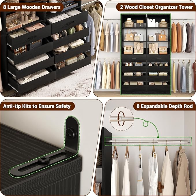 Aheaplus Closet System Set of 2, 4-9Ft Wood Closet Organizer with Drawers & Shelves, Closet Organizer System with 8 Hanging Rods, Walk-in Closets Organizer Wardrobe Closet Rack, Black1