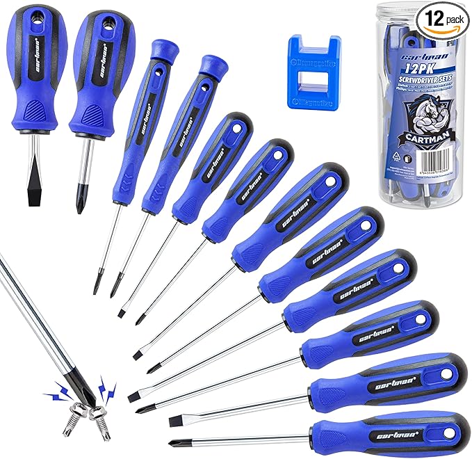 CARTMAN 12 Piece Magnetic Screwdriver Set 6 Phillips and 6 Flat Professional Cushion Grip Hand Tools Set