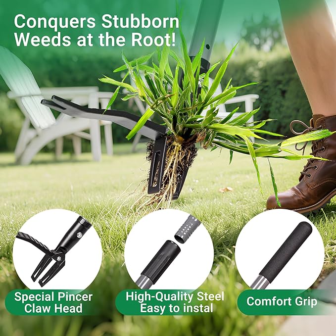 Suchtale Metal Weeder，Stand Up Weed Puller Tool with Long Handle – Heavy-Duty All-Metal Weeder with Upgraded Pincer Claw – Pull Weeds from The Root Without Bending, Pulling, or Kneeling