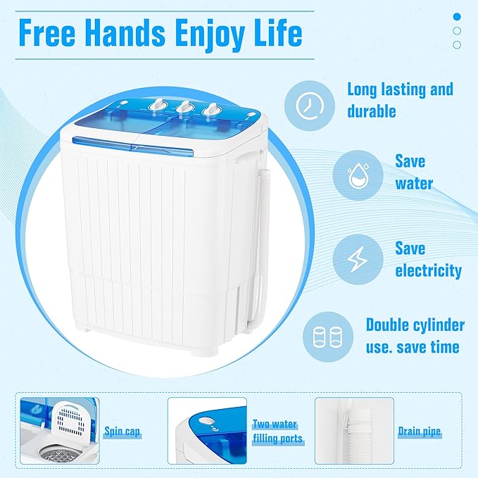 INTERGREAT Portable Washing Machine with Longer Hose, 16lbs Twin Tub Washer Mini Compact Laundry Washing Machine with Drain Pump, Semi-automatic Washer Combo for Dorms, Apartments, Blue