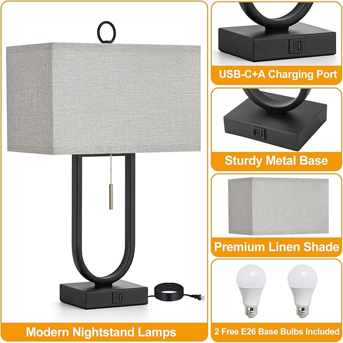 Luvkczc Nightstand Lamps Set of 2 with USB C+A Ports, 24'' Tall Table Lamp with Two 3000K LED Bulbs, Linen Lampshade, Modern Bedside Lamp for Living Room, Bedroom Reading,Grey