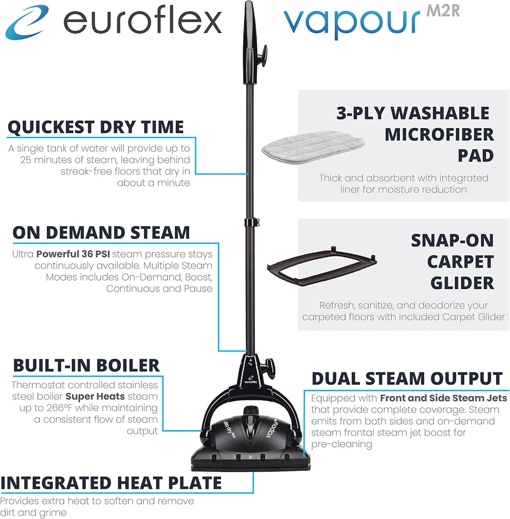 Euroflex Vapour 9-Piece Steam Mop; Ultra Dry Steam Technology; Commercial-Grade 295°F & 50 PSI; Designed & Engineered in Italy; Safe for Steam Cleaning Hardwood & Luxury Vinyl Plank; 5 Year Warranty