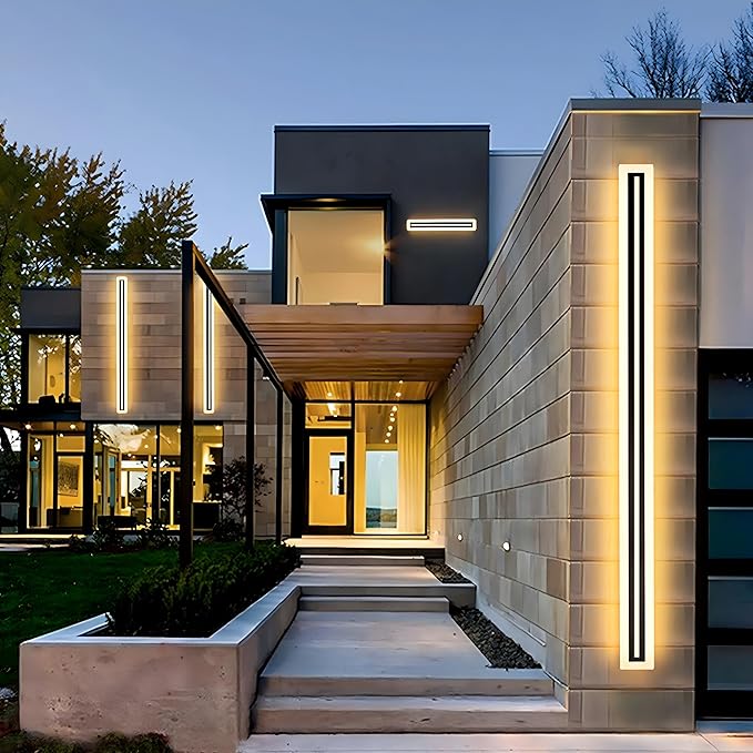 2 PACK-59inch Long Outdoor Modern LED Wall Light,Waterproof IP65 Warm White 110V led Wall Mount Lighting Fixture Rectangular Black Elegant Frosted White Acrylic Anti Rust.