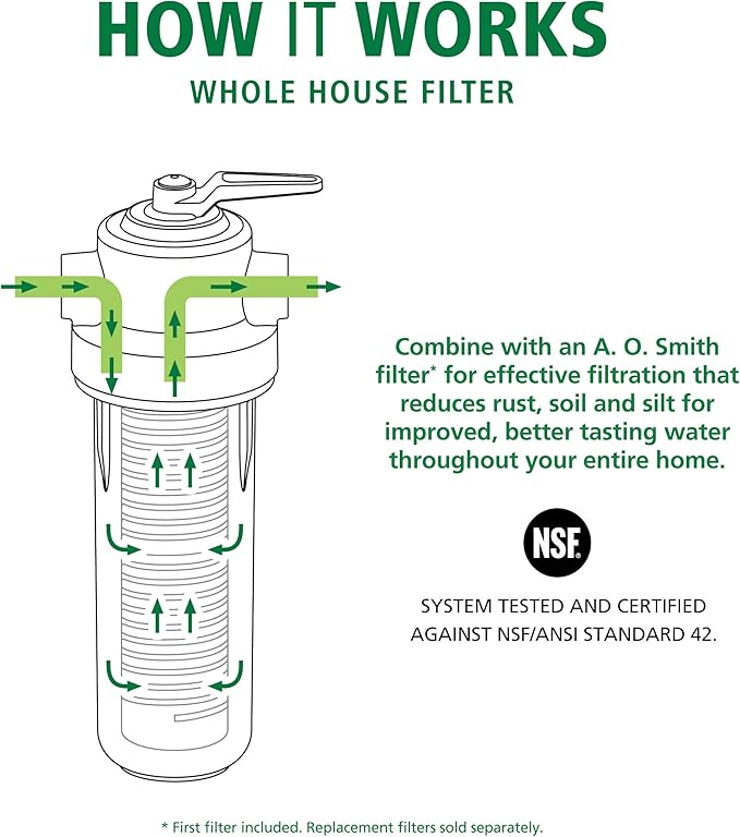 AO Smith Whole House Water Sediment Filter - Valve-in-Head Single-Stage Filtration System - NSF Certified - AO-WH-PREV