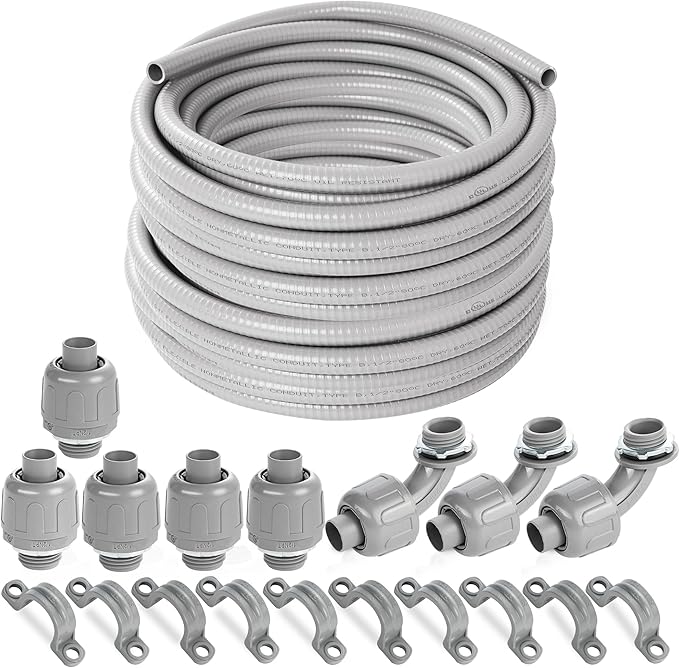 (1/2" Dia * 100 Feet) Yariwiz Flexible Electrical Conduit Liquid Tight PVC Conduit Kit with 5 PCS Coupling, 3 PCS Elbow and 10 PCS Strap, Sealtight Seal Flex Liquidtight Wire Outdoor Non Metallic Grey