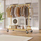 Raybee Heavy Duty Clothes Rack, Gold Clothing Racks for Hanging Heavy Clothes 200+, Rolling Clothing Rack Load 485 LBS, Extendable & Adjustable Portable Commercial Garment Rack with Wheels, Gold