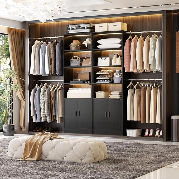 8FT Closet System, 96 Inch Closet Organizer System with Hanging Rods, Heavy Duty Clothing Rack with Cabinet, Walk In Mounted Closet System, Built-In Clothes Garment Rack, Black