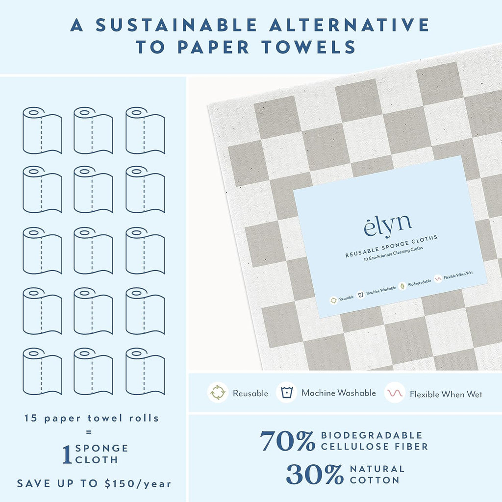 ELYN Swedish Dishcloths, Reusable & Washable Sponge Cloths, Absorbent Cleaning Paper Towels for Kitchen, Dishes, Counters and More, 10 Pack, Grey & Navy Pattern