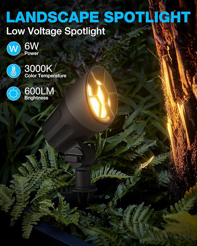 SUNVIE LED Low Voltage Landscape Lighting Kit 12V-24V Aluminum Low Voltage Landscape Lights Wired, 3000K Outdoor Pathway Lights Spotlights with Connectors Waterproof for Patio Yard Garden, 8 Pack