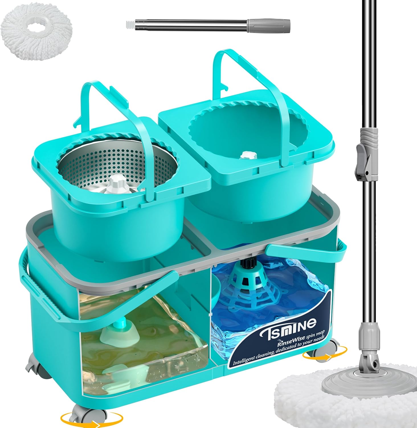 Gen 2 Smart Mop Bucket – 2025 with Wringer on Wheels,Clean & Dirty Water Separation,Spin Mop and Bucket with 1 Reusable Mop Heads, 360° Swivel Wheels for Home Cleaning-Blue