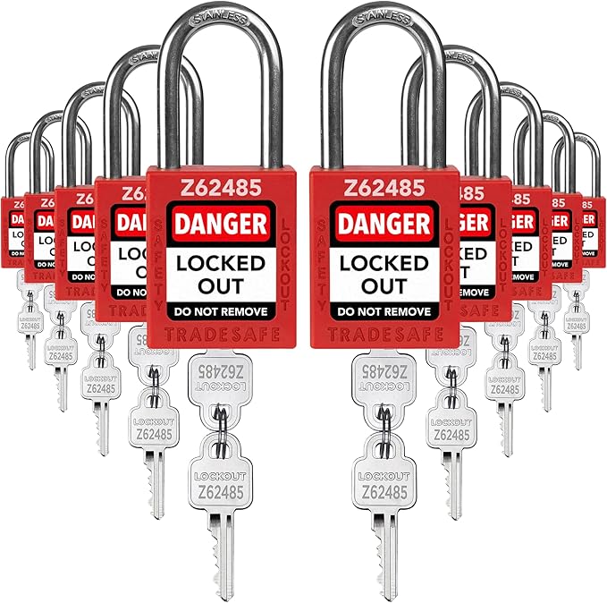 TRADESAFE Lockout Tagout Locks Set - 10 Red Keyed Alike Padlocks, 2 Keys Per Lock, OSHA Compliant Loto Locks for Lock Out Tag Out Stations, Premium Grade