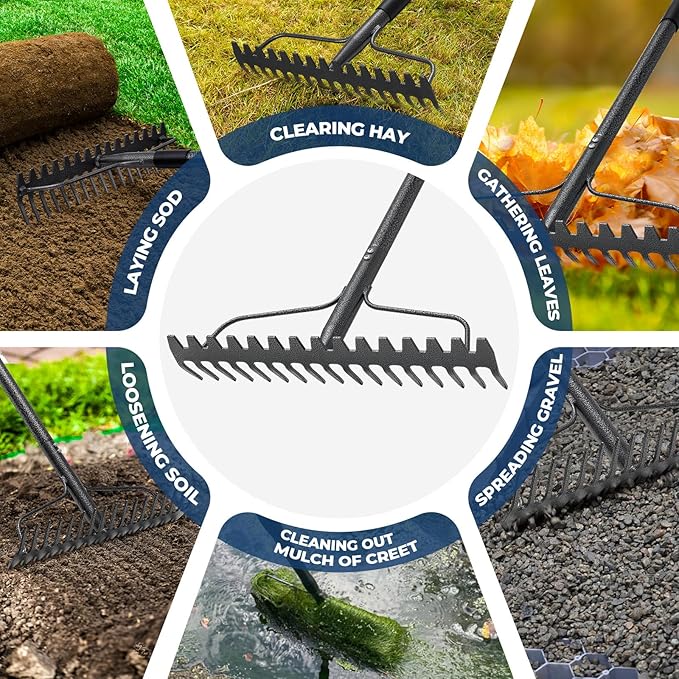 Garden Rake, 17" Extra Wide Double-Sided Head, 63" Heavy Duty Lightweight Stainless Steel Leaf Rake for Leveling Lawn, Loosening Soil, Leaf Cleanup, Soil Prep, Landscaping, Spread Mulch Fast